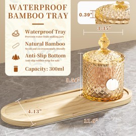 3Pack Qtip Holder Set with Bamboo Tray - 10oz Amber Glass Diamond-Facet Apothecary Jars with Lids - Bathroom Canisters for Cotton Swabs, Balls, Pads & Floss Picks - Vanity Storage Organizer