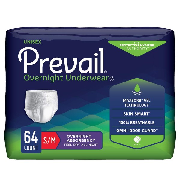 Prevail Incontinence Unisex Overnight Protective Underwear, Overnight Absorbency, Small/Medium, 64 Count