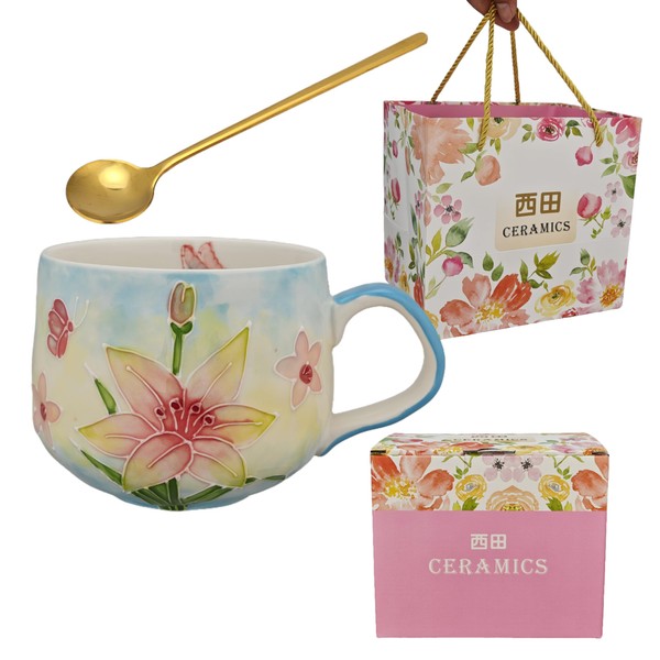 母の日プレゼント 化粧箱付きマグカップ 高級 手描き 手作りレーリフ 手書き 絵付けカップ 丸型 520ml (039)