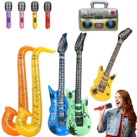 Inflatable Musical Instruments Set - 4 Inflatable Microphones, 2 Inflatable Saxophones, 2 Inflatable Flame Guitars, 1 Inflatable Radio, 1 Inflatable Bass - Fun for Parties, Festivals,
