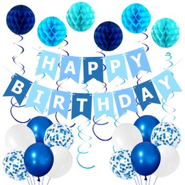 bng-bng Blue Birthday Party Decorations, Happy Birthday Banner With Honeycomb Balls,Hanging Swirl Streamer,Balloons,Birthday Party Decorations for Men Boys Women