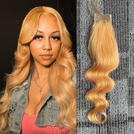 2x6 Honey Blonde Lace Closure 100% Human Hair Body Wave 150% Density Deep Parting KIM K #27 Color Lace Closure Middle Part Pre-Plucked 16 Inch