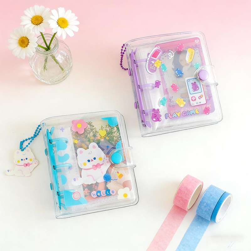 KUAIDHFK Sticker Notebook, A8, Transparent, Mini 3-Hole Binder, Clear Seal
