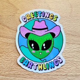 Greeting Earthlings Alien Glitter Dust Rainbow Waterproof Sticker
