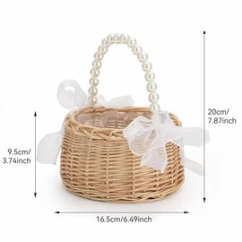 Wedding Flower Basket, Flower Baskets with Pearl Henkle, Scatter Basket, Flower Girl, Wicker Basket for Flowers, Braided Flower Basket, Braided Basket for Wedding Table Decoration (16.5 x 20 cm)