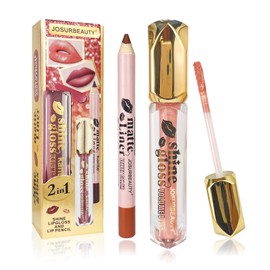 JOSURBEAUTY Glitter Matte Lipstick & Lipliner Pencil Setwith metallic shimmer lip gloss tint - long lasting lip gloss, glitter lip gloss, shimmer lip gloss for a bold look，Sparkling Dark brown 4ml