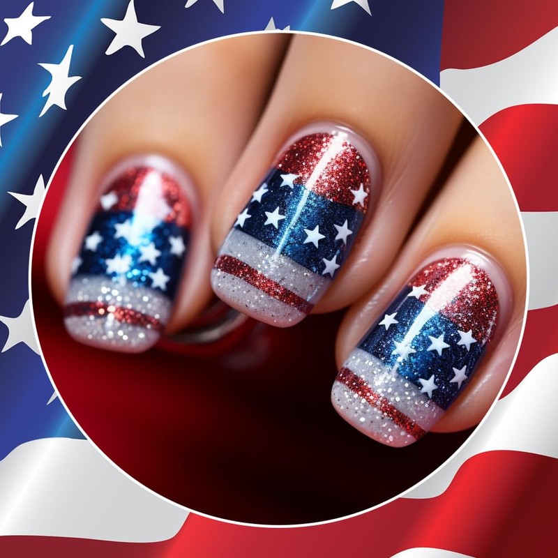24Pcs 4th of July Press on Nails Short Square Fake