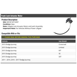 Marketplace Auto Parts, Trunk Liftgate Lock Actuator Motor and Latch Assembly - Compatible with 2011-2017 Dodge Journey (For Vehicles without Power Liftgate)