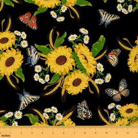 Sunflower Waterproof Outdoor Botanical Floral Printed Upholstery Fabric for Chairs - Natural Theme Reupholstery Decor - 1 Yard (L92*W150cm)