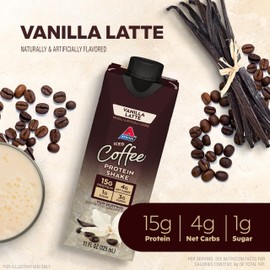 Atkins Iced Coffee Vanilla Latte Protein Shake, Coffee and Vanilla Flavored, 15g Protein, 4g Net Carbs, 1g Sugar, Low Carb, Keto Friendly, High Protein Shake, 12 Pack (11 fl. oz each)