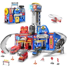 Ochido Boys Toys for 3 4 5 6 Years Old,Large City Action Playset Kit with Lights Sounds,Walkie-Talkie,Foldable Police & Fire Station Transform Track Toy with 4 Cars,Helicopter,7 Accessories