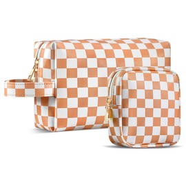 2Pcs Makeup Bag for Women, Large Checkered Cosmetic Bags with Small Makeup Pouch Set, Cute Leather Make Up Orgnizer with Zipper, Travel Skincare Toiletry Storage Bag for Teens Girls Gifts(Brown)