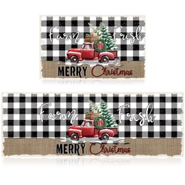 Tinideya Christmas Rug Christmas Kitchen Rug Set of 2 Farmhouse Xmas Tree Truck Buffalo Check Mat for Kitchen Bath Room Decoration,17 x 47 in,17 x 28 in