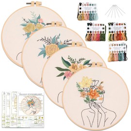 4pcs Embroidery Kit for Beginners, Women and Flower Pattern Embroidery Starter Kits for Adults , Include Embroidery Clothes with Pattern Embroidery Hoops and Instructions , Cross Stitch Set for Adults