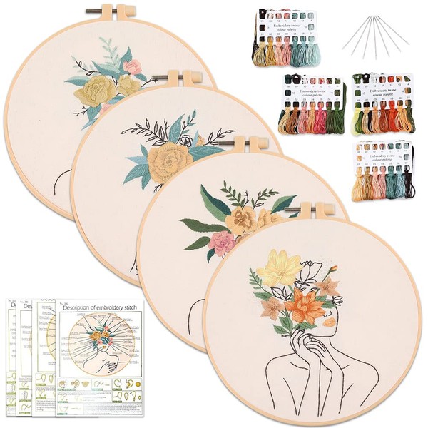 4pcs Embroidery Kit for Beginners, Women and Flower Pattern Embroidery