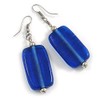 Navy Blue Square Glass Drop Earrings - 6cm Long
