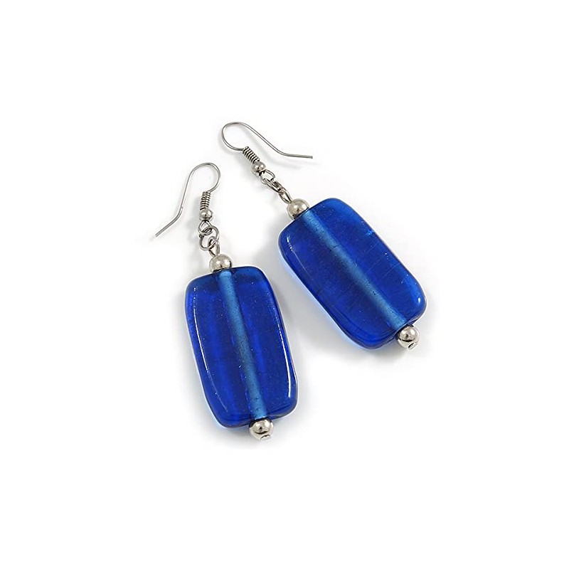 Navy Blue Square Glass Drop Earrings - 6cm Long