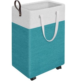 HomeHacks Laundry Basket with Wheels, Rolling Laundry Hamper, Collapsible & Waterproof Clothes Hamper, Narrow Corner Clothes Bins with Extended Handles for Clothes in the Family & Dorm 90L, Green)