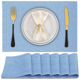 Linen Cloth Double Layers Placemats, Cotton Woven Placemats Set of 6, Kitchen Table Farmhouse Decor Heat Resistant Table Mats, Outdoor Indoor Square Fabric Place Mats Can be Washable (Sky Blue)