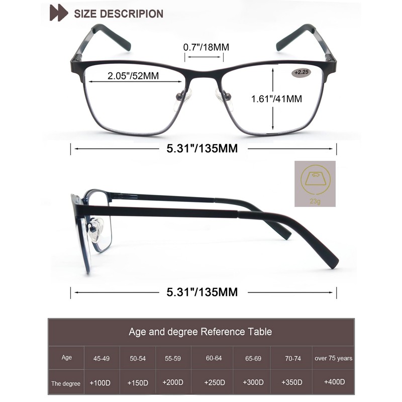 OLOMEE Blue Light Blocking Reading Glasses Mens Full Metal Square