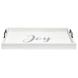 Elegant Designs HG2000-WJY Christmas Decoration 15.50" x 12" Decorative Wood Serving Tray w/ Handles, White Wash Joy