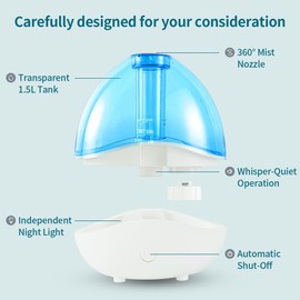 Cool Mist Humidifiers for Bedroom & Large Room (1.5L Water Tank) Quiet Ultrasonic Air Humidifier For Babies Nursery, Office, Indoor Plants & Whole House -Adjustable 360 Rotation Nozzle, Auto-Shut Off