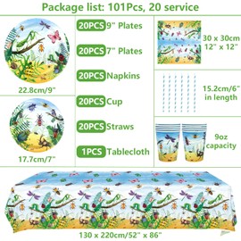 Insect Party Supplies - Bugs Party Tableware - Dinner Plates Desserts Plates Cups Napkins Bugs Insect Tablecover Straws for Class Office Garden Reptile Baby Shower Decorations, Serves 20 (20)