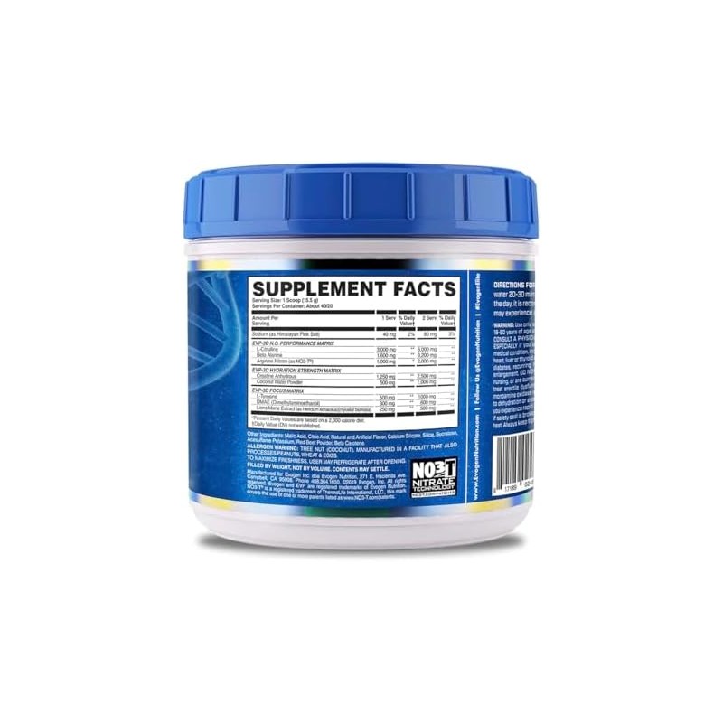 Evogen EVP-3D Pre-entrenador, nitrato de arginina, citrulina, beta-alanina, libre de