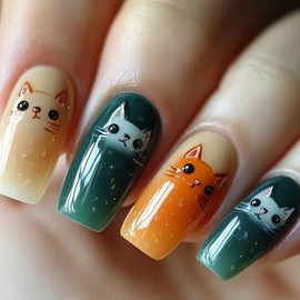 Cat Press on Nails Medium Square Fake Nails Cute False Nails with Cats Designs Full Cover Glossy Glue on Nail Medium Acrylic Nail for Women Girls 24Pcs