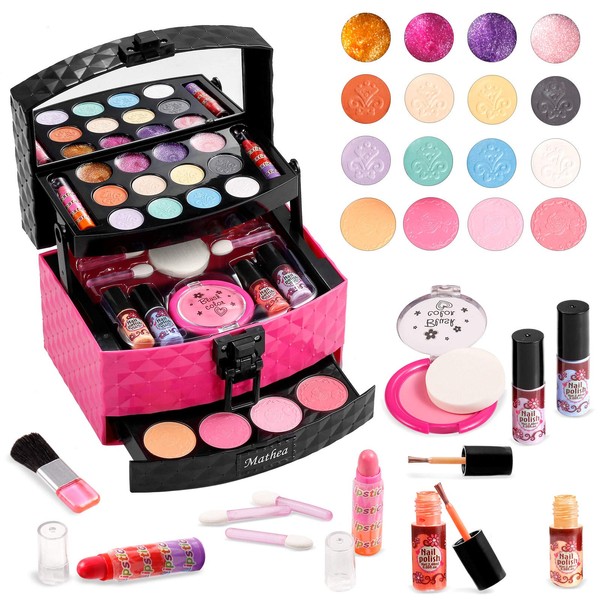 Mathea 29 Pcs Washable Makeup Toy Set with Luxury Diamond Pattern Box Real Cosmetic Beauty Set for Kids Play Game