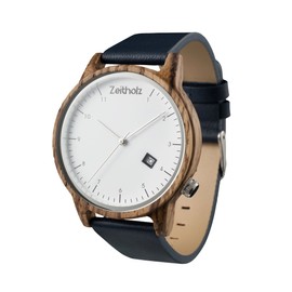 Zeitholz Wooden Watch with Zebrawood Casing and Blue Leather Strap, Date Display, Model: Breitenbrunn, Natural Product, Hypoallergenic, Sustainable Handmade Wristwatch