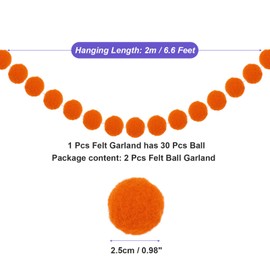 MECCANIXITY 2Pcs Felt Ball Garland Orange Red Pom Pom Garland Handing Balls 6.6 Feet Long 30 Balls Party Banner Decor for Christmas Birthday Party Decoration