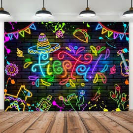 Imirell Mexican Fiesta Birthday Backdrop 7Wx5H Feet Colorful Neon Summer Luau Cinco De Mayo Festival Themed Polyester Fabric Party Celebrate Photography Backgrounds Photo Shoot Decor Props Decoration