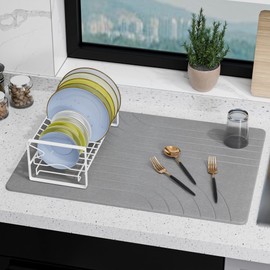 Vorisebo Large Stone Drying Mat for Kitchen Counter, 24" × 16" Diatomite Dish Drying Mat, Quick Dry Stone Mats, Ultra Absorbent Natural Diatomaceous Earth Mats for Dished, Bottles, Dark Grey