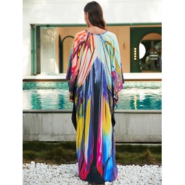 Kaftan Dresses for Women Animal Print Beach Cover Up Braid Pattern Bikini Maxi Kaftans Plus Size Loungewear Slit Beach Robe V Neck Batwing Sleeve Swimsuit Summer Mumu Dress (AC-8759-21)