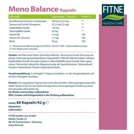 FITNE Meno Balance, Yam Root, Monk's Pepper, Evening Primrose Oil, Hop Blossoms, Vitamin B1, B6 and Biotin to Regulate Hormonal Balance, Vegan (60 Capsules)