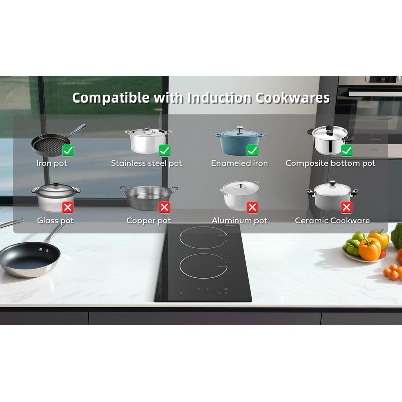 Induction Cooktop 12 Inch, 220V~240V, 2 Burners Electric Cooktop,3500W, 12''