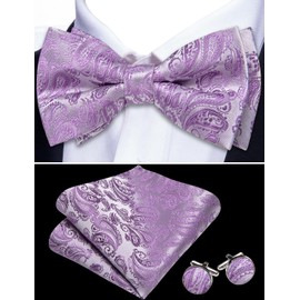 Barry.Wang Paisley Bow Ties for Men Classic Pre Tied Bowtie and Pocket Square Cufflinks Set Silk Lavender Bow Tie Gift