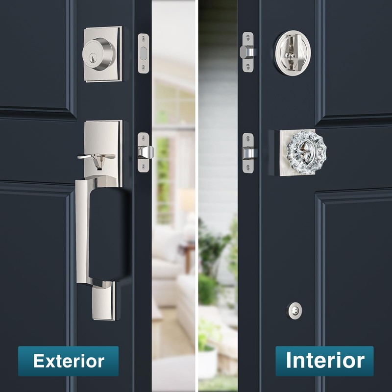 Calzibeno Brushed Nickel Front Door Handle and Deadbolt Set, Front