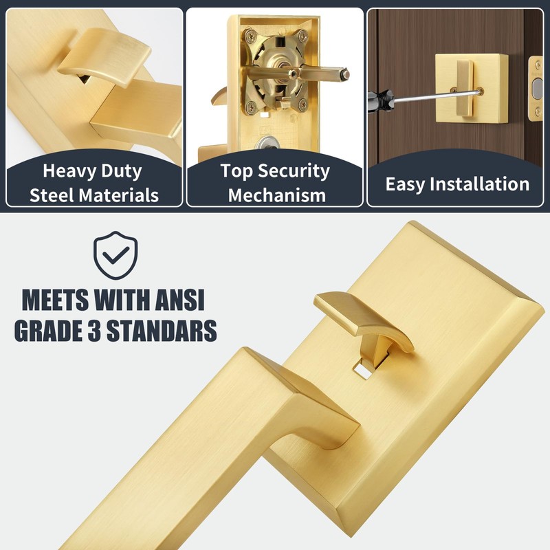 Gaurqiah Brushed Gold Heavy Duty Front Door Handle Set, Exterior