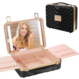 Kalolary Travel Makeup Train Cases with Lighted Mirror 3 Color Setting, Makeup Bag Cosmetic Case Organizer Adjustable Brightness Portable Makeup Storage Box For Makeup Brushes Accessories Tools,Black