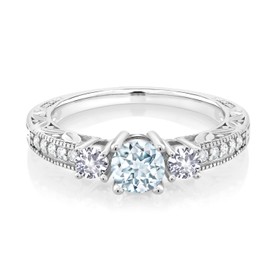 Gem Stone King 925 Sterling Silver Sky Blue Aquamarine and White Created Sapphire Women Engagement Ring (0.89 Cttw) (Size 7)