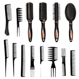4pcs Of Hair Brush Set And 10pcs Of Hairdressing Comb Set Bundle – Detangle Hair Brush With Wide Tooth Comb For Hair Brush For Women And Men – Oval Comb Round Hairbrush For Beard Comb, Black