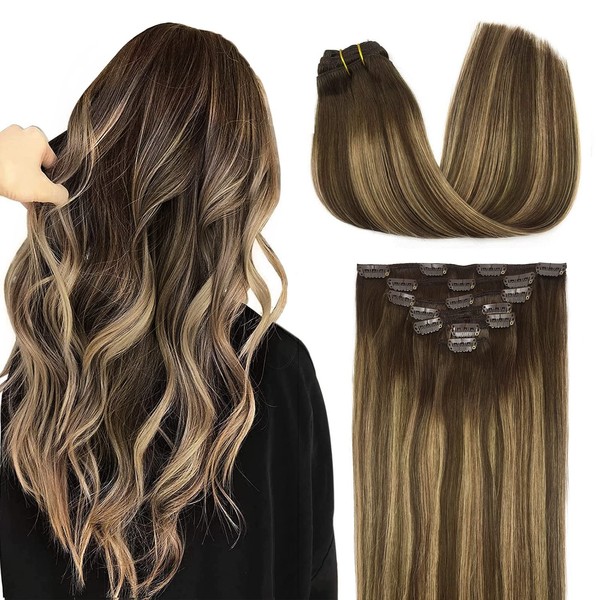 DOORES Clip-In Human Hair Extensions, Balayage Chocolate Brown to Caramel Blonde, 35 cm, 14 Inches, 7 Pieces, 120 g, Real Hair Extensions, Clip-In Remy Hair Extensions, Real Hair, Natural Real Hair