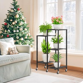 iDavosic.ly 5 Tier Plant Stand Indoor with Wheels, Metal Tiered Corner Flower Holder Shelf Outdoor for Large Pots, Tall Rolling Rack for Patio Porch Garden Balcony Living Room, Modern Black