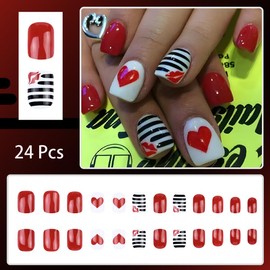 24 Pcs Valentines Press on Nails Short Square Red Lips Fake Nails Heart False Nails Black Stripes Glue on Nails Valentine's Day Artificial Nails for Women Girl Holiday Nail Design Decoration