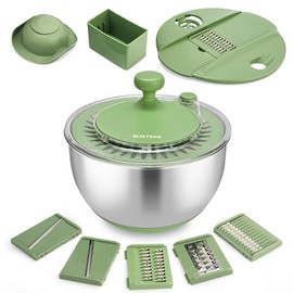 SUSTEAS Stainless Steel Salad Spinner Large, Vegetables Wash Bowl, Fruits & Herb Lettuce Dryer with 5 Blade Slicer Egg Yolk Strainer Shredder for Efficient Salad Preparation and Food Washing, 4.25Qt
