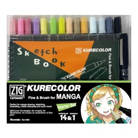 Kuretake ZIG CARTOONIST KURECOLOR Fine&Brush for MANGA 14 colours, Fine black pen and Skecth book set, Made in Japan, CNKC-2200N/15VS