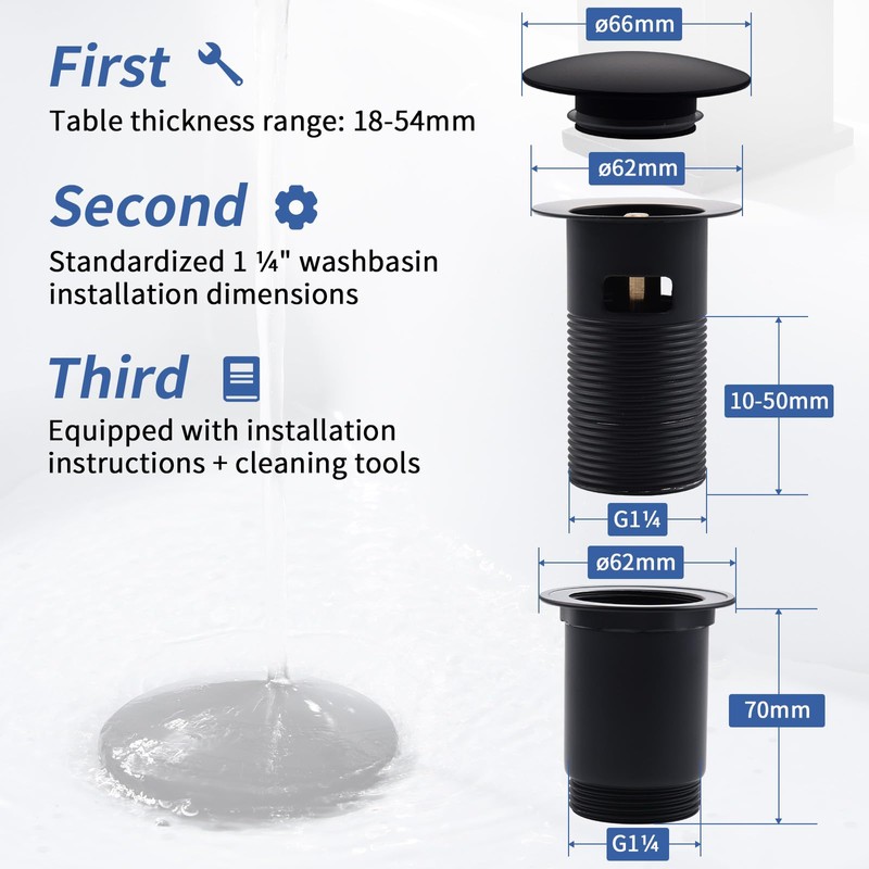 HOMELODY Drain Fitting Matte Black with Overflow, Universal Drain Valve