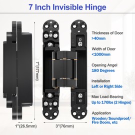 2 Pcs 7 inch Hidden Door Hinges-Invisible Hinges for Doors, 180 Degree Swing Concealed Hinges, 3 Way Adjustable & Heavy Duty (‎Black)